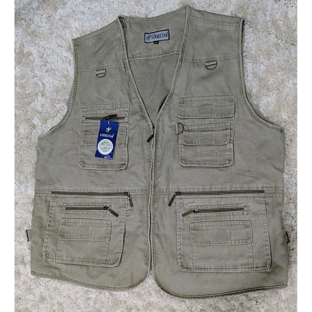 VTG Fishing Vest Mens 5XL Beige Zip Pockets Utility Tactical Canvas Bug Out